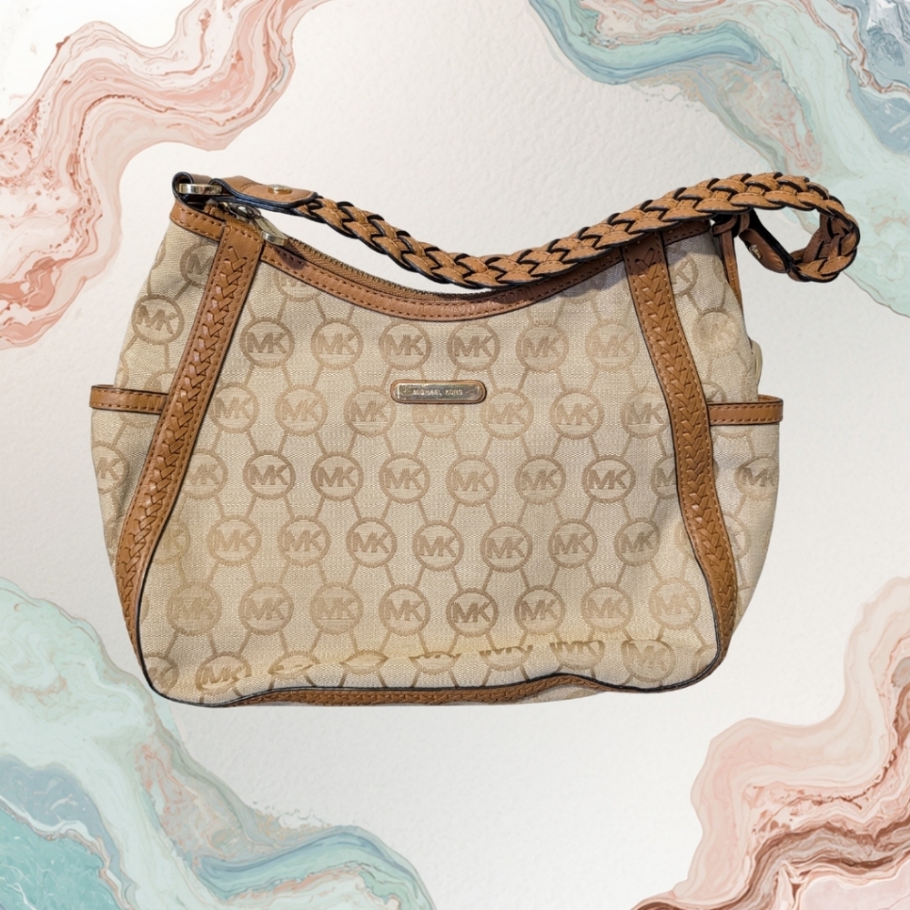 Michael Kors Monagram Purse with Braided Leather Strap EUC Firm
